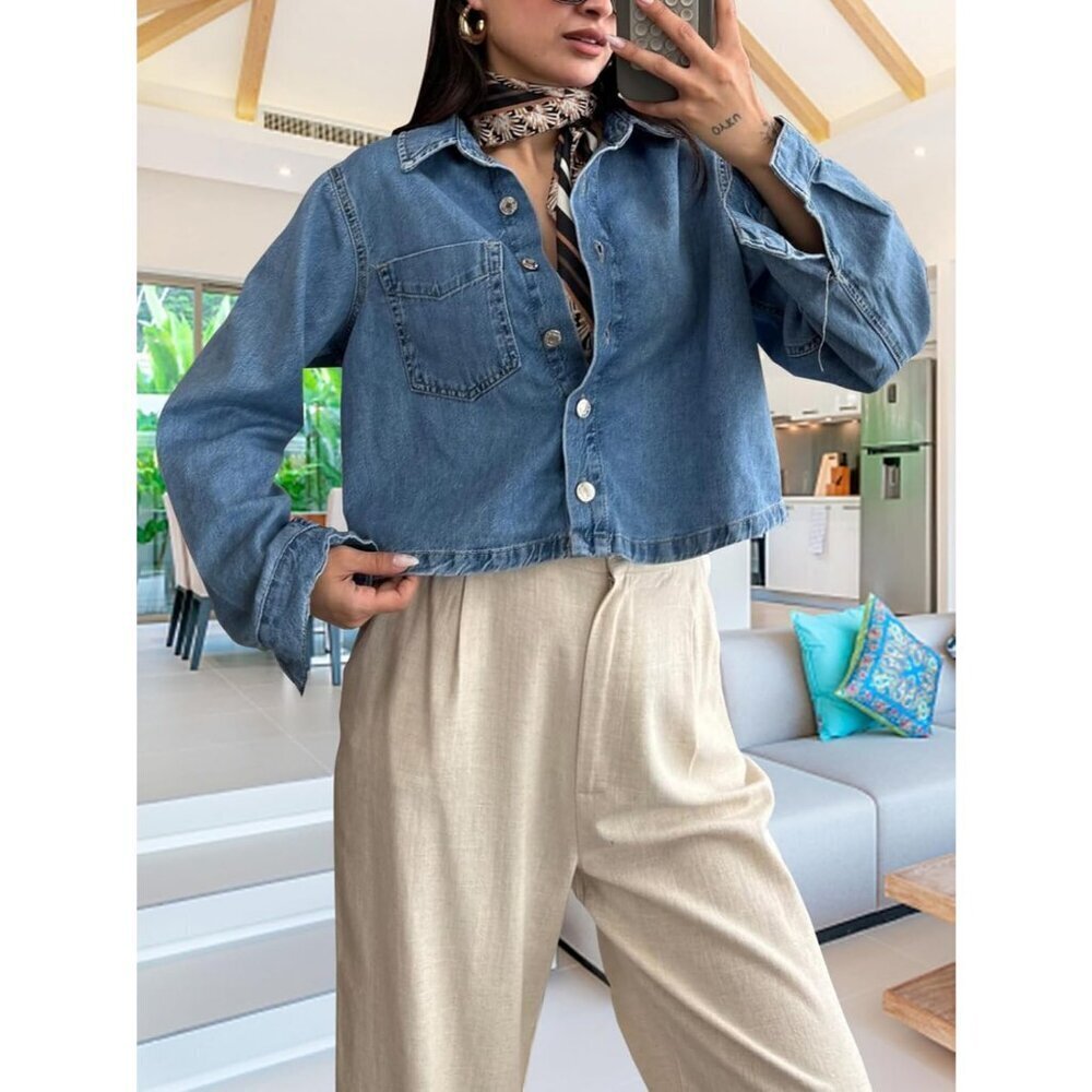 Women's Crop Jean Denim Jackets Button Down Long Sleeve Jacket Coat Blue-b - Picture 7 of 7